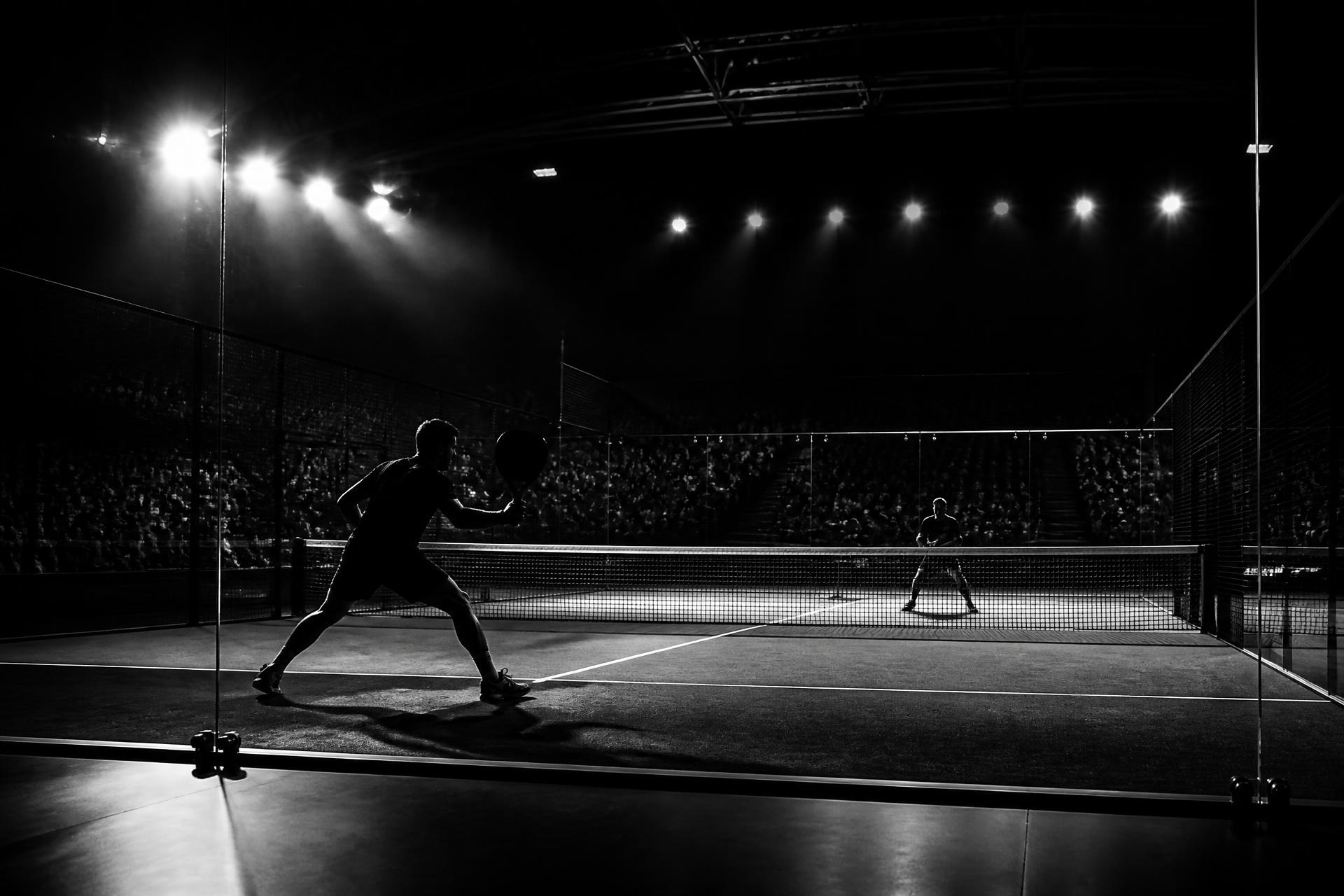 Joueur de padel en pleine smash sous les projecteurs, image en noir et blanc